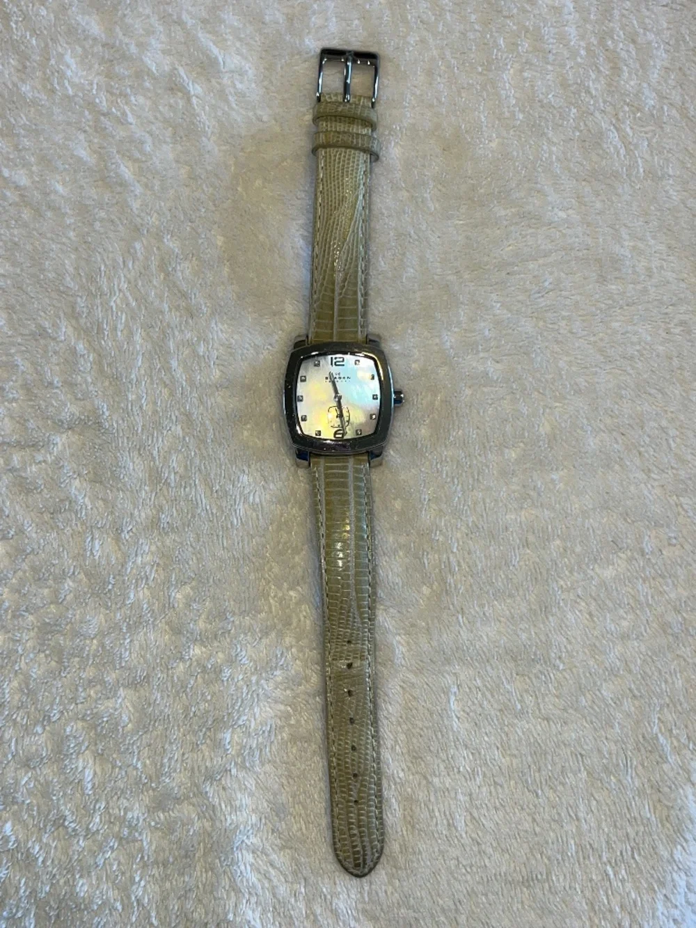 Skagen Light Green Genuine Leather Denmark Square Mother of Pearl Watch
